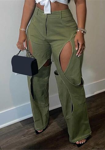 السراويل البضائع النسائية عالية الخصر التعب الجيش فضفاضة مستقيمة واسعة الساق السراويل التمويه الشارع الشهير in Kuwait