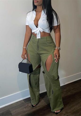 السراويل البضائع النسائية عالية الخصر التعب الجيش فضفاضة مستقيمة واسعة الساق السراويل التمويه الشارع الشهير in Kuwait