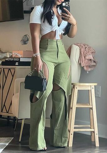 السراويل البضائع النسائية عالية الخصر التعب الجيش فضفاضة مستقيمة واسعة الساق السراويل التمويه الشارع الشهير in Kuwait