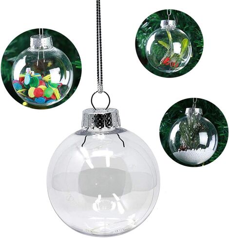 20 Pcs DIY Clear Plastic Fillable Ornament Balls,Ball with Removable Silver Metal Cap, Each Has a Silver Rope, for Christmas Holiday or Wedding Party,Perfect for Decorating on Christmas Trees in Saudi Arabia
