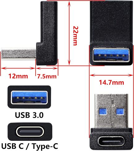 محول أنثى USB A ذكر إلى USB C من GELRHONR، موصل USB3.0 إلى النوع C 90 درجة يدعم الجوانب أحادية الاتجاه 5 جيجابت في الثانية ونقل البيانات - 2 حزمة (زاوية سوداء لأعلى ولأسفل) in Kuwait