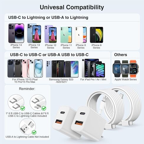 for iPhone 15 Charger Block 2-Pack 20W Dual Port USB Fast Wall Charger with 3FT USB C to C Charger Cable & Type to Lightning Charging Cord for iPhone 15 Pro/15 Pro Max/iPhone 14/13/12/iPad,Samsung in Saudi Arabia