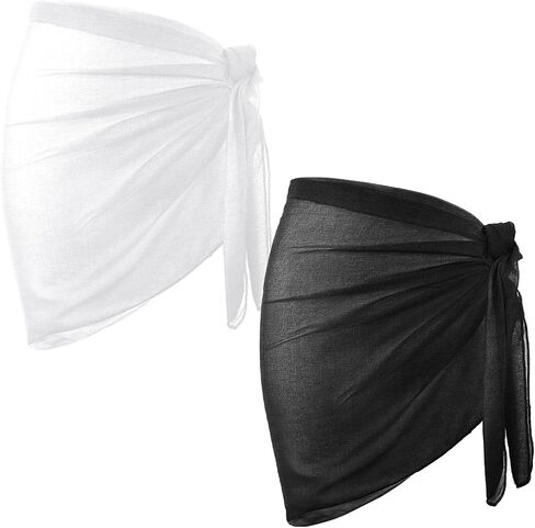 2 Pack Beach Sarong Short Sarongs, Swimsuit Coverups Shorts, Sheer Bikini Swimsuit Cover Ups, Semi-Sheer Bathing Suit Coverups Short Swimwear Bikini Wrap Skirt (Black, White) in Saudi Arabia
