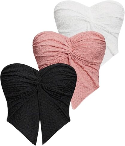 Floerns Women's 3 Piece Twist Front Split Hem Bandeau Sweetheart Neck Crop Tube Top in Saudi Arabia