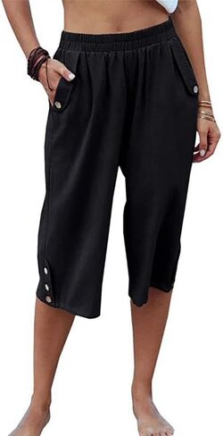 TBA Wide Leg Straight Capri Pants for Women Loose Casual Joggers Pants Elastic High Waist Cropped Trousers with Pockets Black in Saudi Arabia
