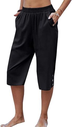 TBA Wide Leg Straight Capri Pants for Women Loose Casual Joggers Pants Elastic High Waist Cropped Trousers with Pockets Black in Saudi Arabia