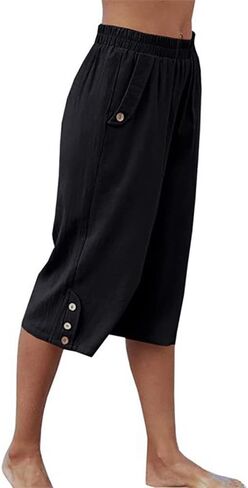 TBA Wide Leg Straight Capri Pants for Women Loose Casual Joggers Pants Elastic High Waist Cropped Trousers with Pockets Black in Saudi Arabia