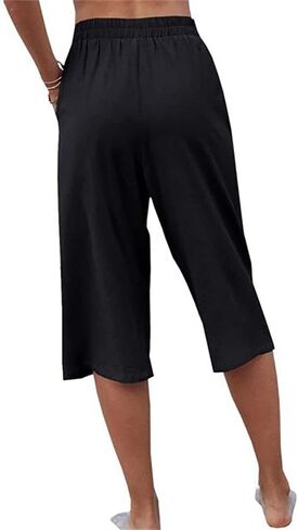 TBA Wide Leg Straight Capri Pants for Women Loose Casual Joggers Pants Elastic High Waist Cropped Trousers with Pockets Black in Saudi Arabia
