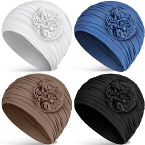 4 Pcs Cotton Beanie Turban Headwear for Women Soft Cancer Chemo Head Scarf Hats Elastic Covers Wraps for Women's Hair (Classic Colors,Flower)