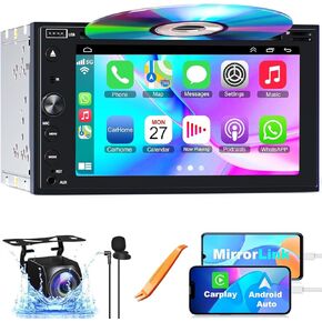 Double Din Car Stereo with Carplay & Android Auto, 7 Inch Car Radio with CD/DVD Player Support Back up Camera, Bluetooth & Voice Control, Mirror Link, Subwoofer, SWC, Subwoofer, AM/FM Double Din Radio
