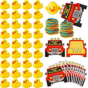 248 Pcs Duck Car Shape Tag Kits Includes 48 Squeaky Rubber Duck Bath Toy 100 Ducking Card Tags 100 Colorful Rubber Bands for Car Ducking Decor Birthday Car Escaped Theme Party Favor(Yellow)