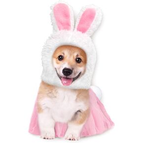 Whaline Easter Pet Bunny Costume Set Including Cute Bunny Rabbit Hat with Ear Pet Headband Lace Skirt Tail White Pink Pet Theme Party Accessory Supplies for Small Dog Cat, 3 Pieces