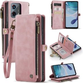 Defencase Compatible with Moto G 5G 2023 Case, RFID Blocking Wallet Case Compatible for Motorola Moto G 5G 2023 Fashion PU Leather Flip Wrist Strap Zipper Card Holder Phone Case for Women Men, Black
