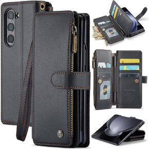 CaseMe for Samsung Galaxy Z Fold 5 Case with S Pen Holder, Z Fold 5 Wallet Case with Card Holder for Women Men, RFID Blocking Kickstand Zipper Shockproof Phone Case for Galaxy Fold 5, Black