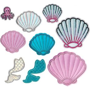 Pretty Seashell Mermaid Queen Princess Tail Squid Patches Embroidery Iron on Patches Sewing Appliques for Clothing DIY Clothes Jacket Polo T-Shirt Hat Bag (Style 2 (9pcs))