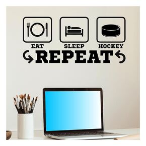 Eat Sleep Hockey Repeat Wall Decal, Hockey Player Gifts, Hockey Wall Decor, Hockey Vinyl Stickers, Ice Hockey Decorations (Black 24" W x 10.5" H)