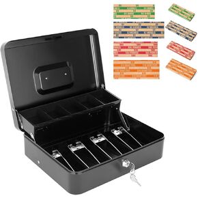 Cash Box with Key Lock and Money Tray, Metal Money Box for Cash Register, Large Cash Lock Box for Money Safe with 100PCS Coin Wrappers Assorted