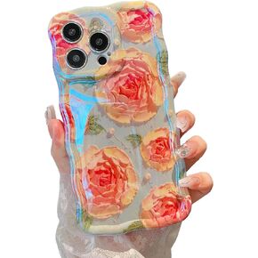 XIZYO Case for iPhone 13, Colorful Retro Oil Painting Flower Cute Floral Aesthetic Curly Wave Frame Laser Glossy Reflective Exquisite Stylish Protective Cover Women Girls-Flower/Green