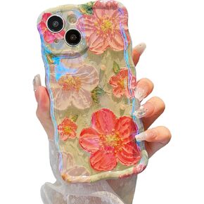 حافظة XIZYO لهاتف iPhone 14 Plus/15 Plus، لوحة زيتية ملونة قديمة على شكل زهرة لطيفة وإطار مموج جمالي مموج بالليزر لامع عاكس غطاء حماية أنيق ورائع للنساء والفتيات - عباد الشمس/أخضر