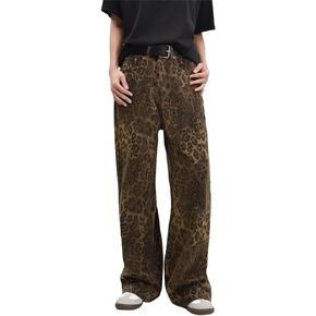 Trendy Leopard Print Jeans Camo Cargo Pants for Women Men with Wide Leg Vintage Streetwear Jeans Straight Leg Pants
