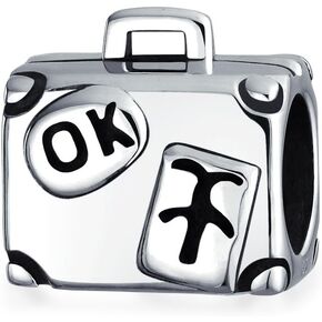 Vacation Honeymoon World Traveler Europe Paris London Tourism Passport Suitcase Luggage Charm Bead For Women Teen Oxidized Two Tone .925 Sterling Silver Fits European Bracelet