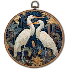 KSDUT Egret Chinoiserie Wall Art Decor - Vintage Birds Floral Textile Wall Art Canvas Frame Hanging Prints, Navy Blue Round Wall Art Decor for Grandmillennial Home Living Room Decorations 8"x8"