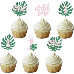 Safari Wild Three Cupcake Topper 3rd Birthday Party Decoration For Girl Jungle Glitter Tropical Leaf Food Picks Pink 3
