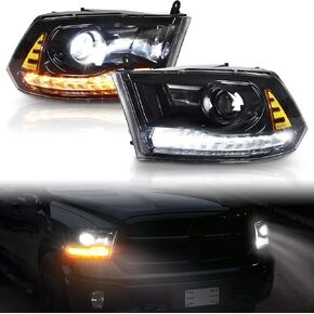 KEWISAUTO Full LED Headlights w/Tube Switchback for Dodge Ram 2009-2018, Headlamps w/Turn Signal LED Projector Headlamp w/DRL for Dodge Ram 1500 2500 3500 2009-2018 Accessories (2PCS)