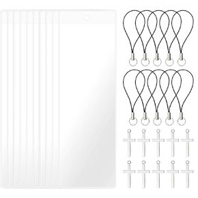Penta Angel Clear Bookmark Sleeves with Cross Charm 10Pcs Plastic Blank Photobooth Frames Cover Holder with 10Pcs Cross Beads and Haning Rope for Wedding Christian Gift (10)