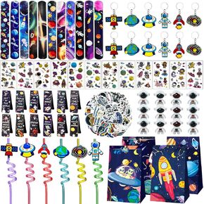 146 Pcs Space Party Favors Set with Space Straws Keychains Slap Bracelet Bookmark Tattoo Stickers Goodie Bags Space Party Supplies Outer Space Birthday Decorations