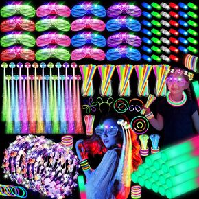 302 PCS Glow in the Dark Party Supplies, 20 LED Hair Clips Fiber Optic, 16 LED Glasses, 16 Foam Glow Sticks, 10 Light Up Flower Crowns, 40 Finger Lights, 200 Glow Sticks for Wedding Birthday