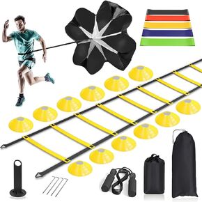 Agility Ladder, Speed Training Equipment Set, 20ft 12-Step Agility Ladder with 4 Fixed Steel Spikes, 5 Resistance Bands, 12 Football Cones, Jump Rope, Running Resistance Umbrella for Kids Teens Adults