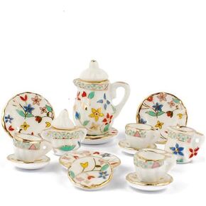 1 Set 15 Pieces 1:12 Ceramics Tea Cup Set Lovely Dollhouse Decoration Set Dollhouse Kitchen Accessories(#4)