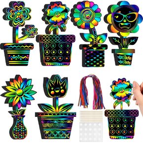 Hungdao 60 Pcs Flowers Scratch Cards Rainbow Summer Scratch Paper for Kids Rainbow Scratch Crafts with Bamboo Stylus and Ribbon for Home Classroom School DIY Mother's Day Gifts(Floral)