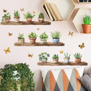 Green Plant Wall Decals Potted Plant Butterfly Wall Stickers Peel and Stick Wall Art Decals for Kitchen Bedroom Office Living Room Decor