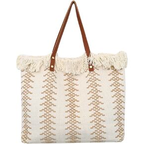Beach Bag Canvas Tote Bag For Women Tassel Handbag For Summer Travel Vacation Big Capacity Woven Shoulder Bag
