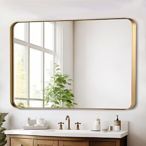 40x30 Inch Gold Bathroom Mirror, Brushed Metal Framed Rectangle Mirror with Rounded Corner, Gold Bathroom Vanity Mirror for Bedroom or Living Room, Horizontal/Vertical