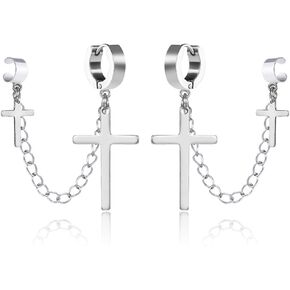 Ear Cuff Clip With Dangle Drop Cross Chain Earrings For Men Women Black Silver Stainless Steel Punk Cool Gothic Rock Fashion Cross Chain Earrings With Cuff Clip On Jewelry For Teen