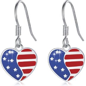 USA Flag Dangle Drop Earrings 925 Sterling Silver Patriotic Earrings Red White Blue Heart Stud Earrings Independence Day Jewelry for Patriot Women Men