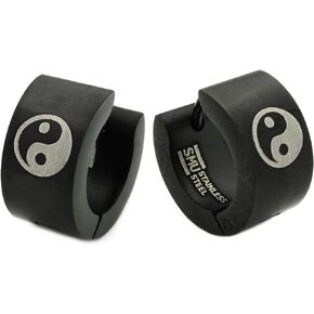 Pair Stainless Steel Black Plated Ying Yang Hoop Earrings 7mm