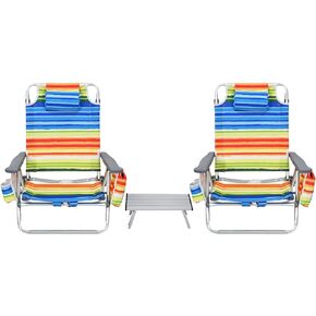 S AFSTAR Folding Beach Chair Set, 2 Pack Folding Chair and Aluminum Small Table, 5-Position Adjustable Camping Chairs with Ice Bag, Comfort Pillow, 3 PCS Backpack Recline Beach Chairs (Blue+Green)