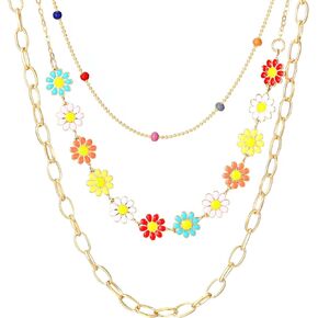 Layered Necklace Daisy Blossom Layering Colorful Flowers Necklaces Chain Set for Gift Women Gifts