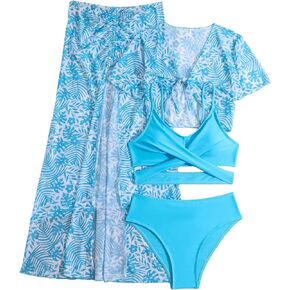 SOLY HUX Girl's 4 Piece Swimsuits Criss Cross Wrap Bikini Set Bathing Suits with Tropical Print Cover Up