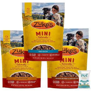 (3 Pack) Zuke Mini Naturals - Chicken, Beef , Peanut Butter - 16oz Each with 10ct Pet Wipes