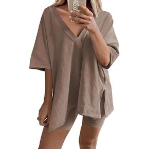 2 Two Piece Outfits for Women Summer Oversized Workout V Neck T Shirts Biker Shorts Matching Sets(Brown-M)