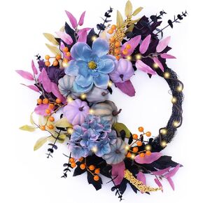 Valery Madelyn Halloween Wreath for Front Door with Lights, 20 Inch Pre-Lit Fall Pumpkins Wreath with Flowers Halloween Decorations for Table Centerpiece Window Indoor Party Holiday Wall Home Decor