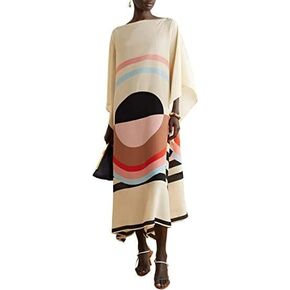Hiyan Creation Printed Lounge Wear Calf Length Silk Crepe Kaftan, Tunic Dress, Summer Loose Dress, Soft Dress Gift for Her, Caftan, Party Wear Kaftan 5598 White