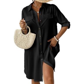 Eddoyee Women’s Button Down Shirts V-Neck Long Sleeve Bikini Bathing Suit Cover Up Causal Blouse Beachwear