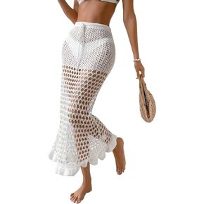 OYOANGLE Women's Crochet Hollow Out Ruffle Trim Drawstring Waist Maxi Beach Skirts Swimsuit Cover Ups