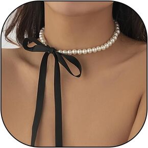 Vintage Bow Tie Necklace for Women Teen Girls Boho Elegant 18k Gold Silver Butterfly Pearl Beaded Choker Necklace Trendy Cute Tassel Choker Jewelry
